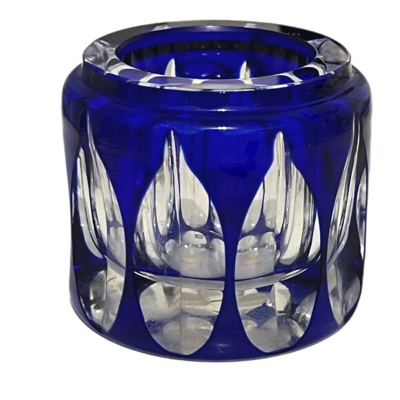 VTG PLATA LAPPAS Hand Blown Cut to Clear Crystal Cobalt Blue Candle Holder Jar - Picture 9 of 10
